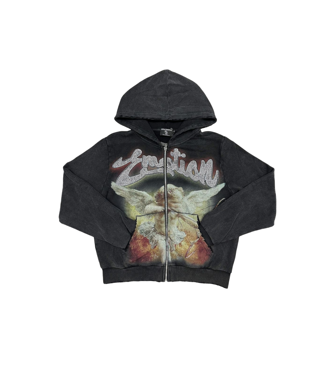 Mixed Emotions “Angelic” Rhinestone Zip-Up Hoodie Black