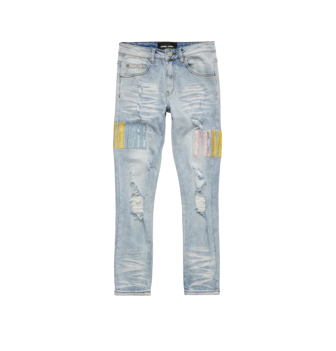 Homme + Femme Light Wash SpellOut Denim