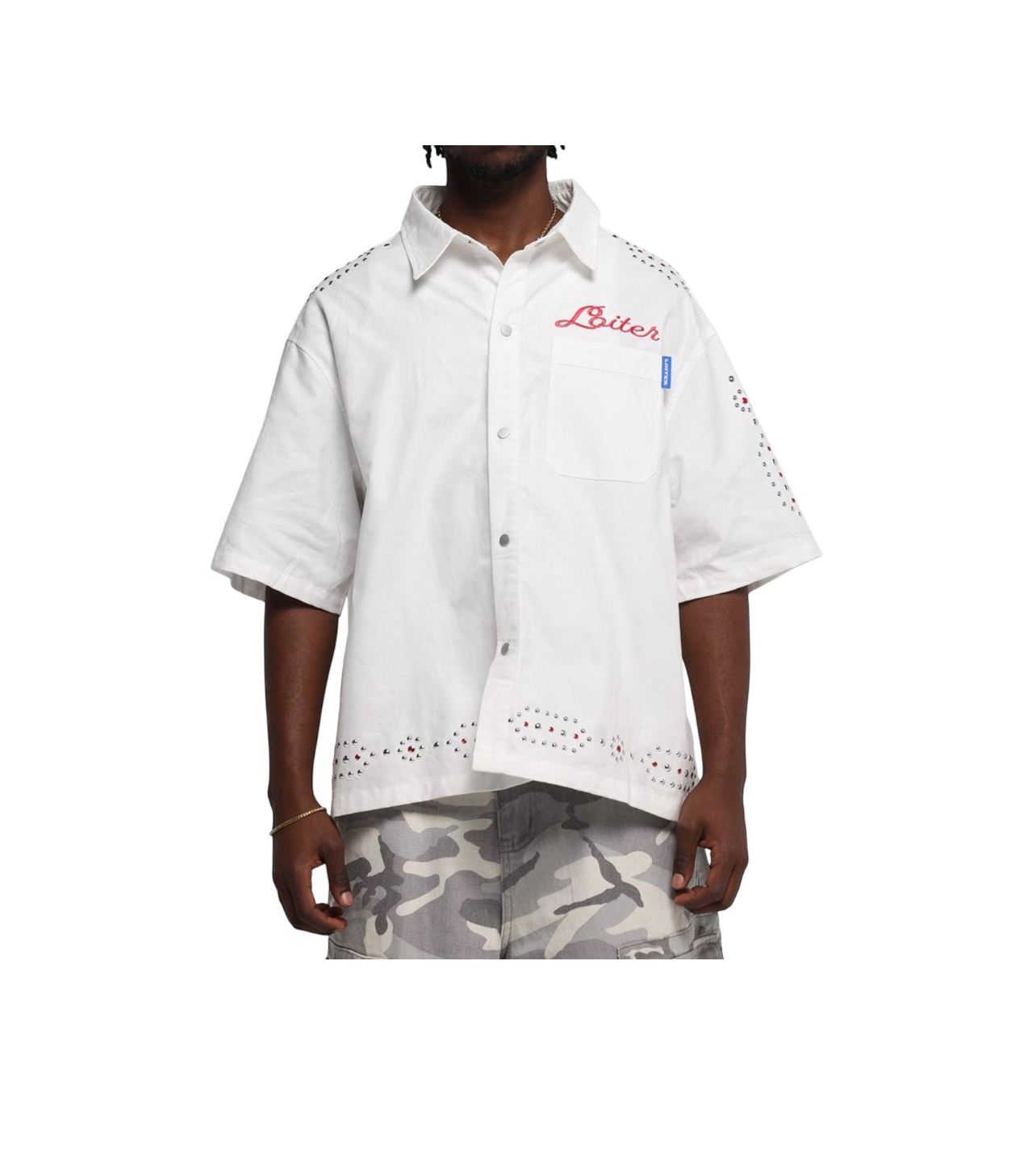 Loiter White Rhinestone Button Up