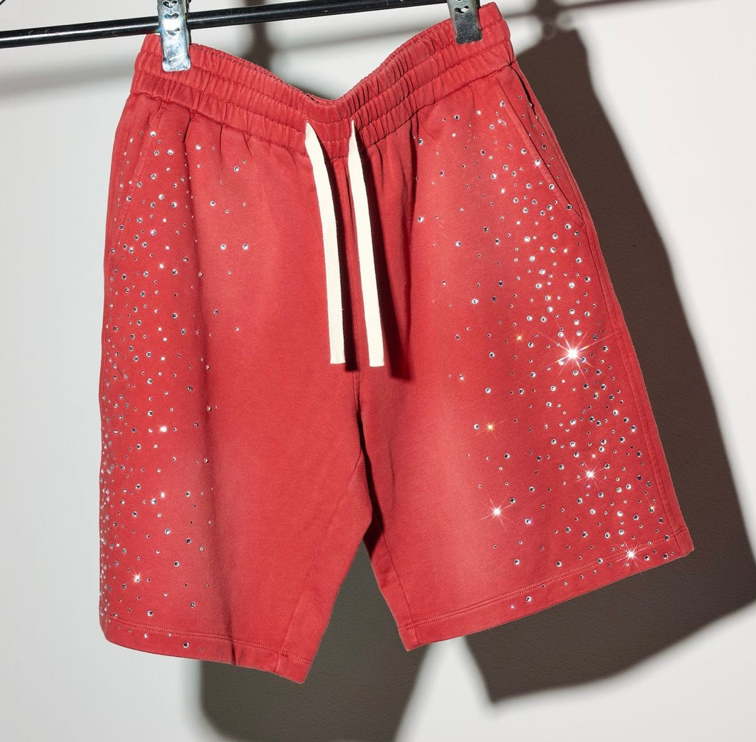 DUAA “Love” Red Rhinestone Shorts