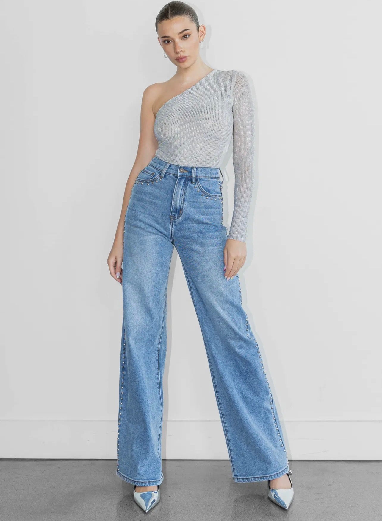 Vibrant Studded Wide Leg Denim Blue Wash
