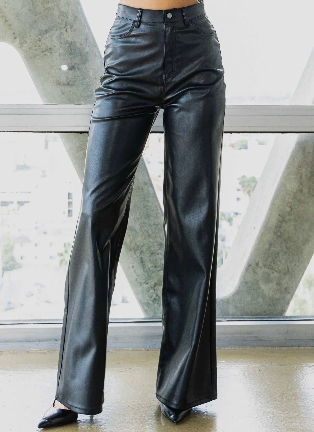 Vibrant Black Leather Wide Leg Pants