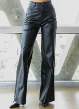 Vibrant Black Leather Wide Leg Pants