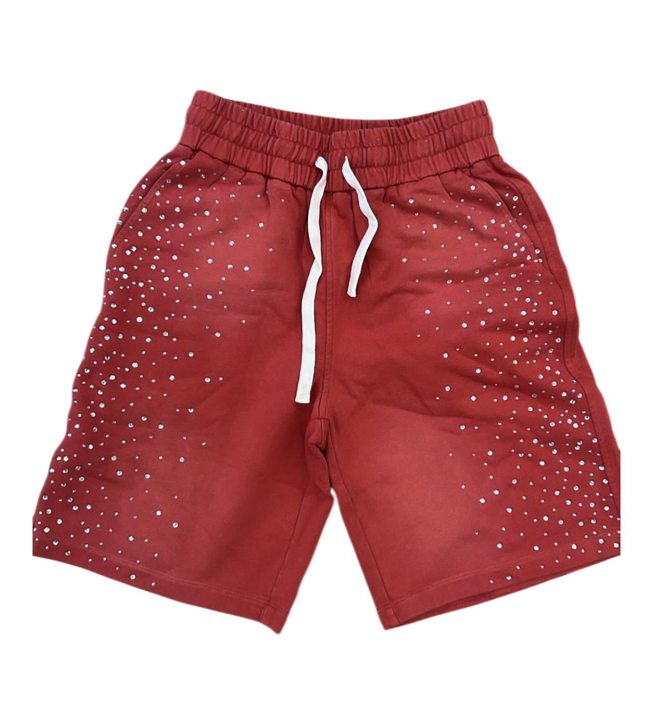 DUAA “Love” Red Rhinestone Shorts