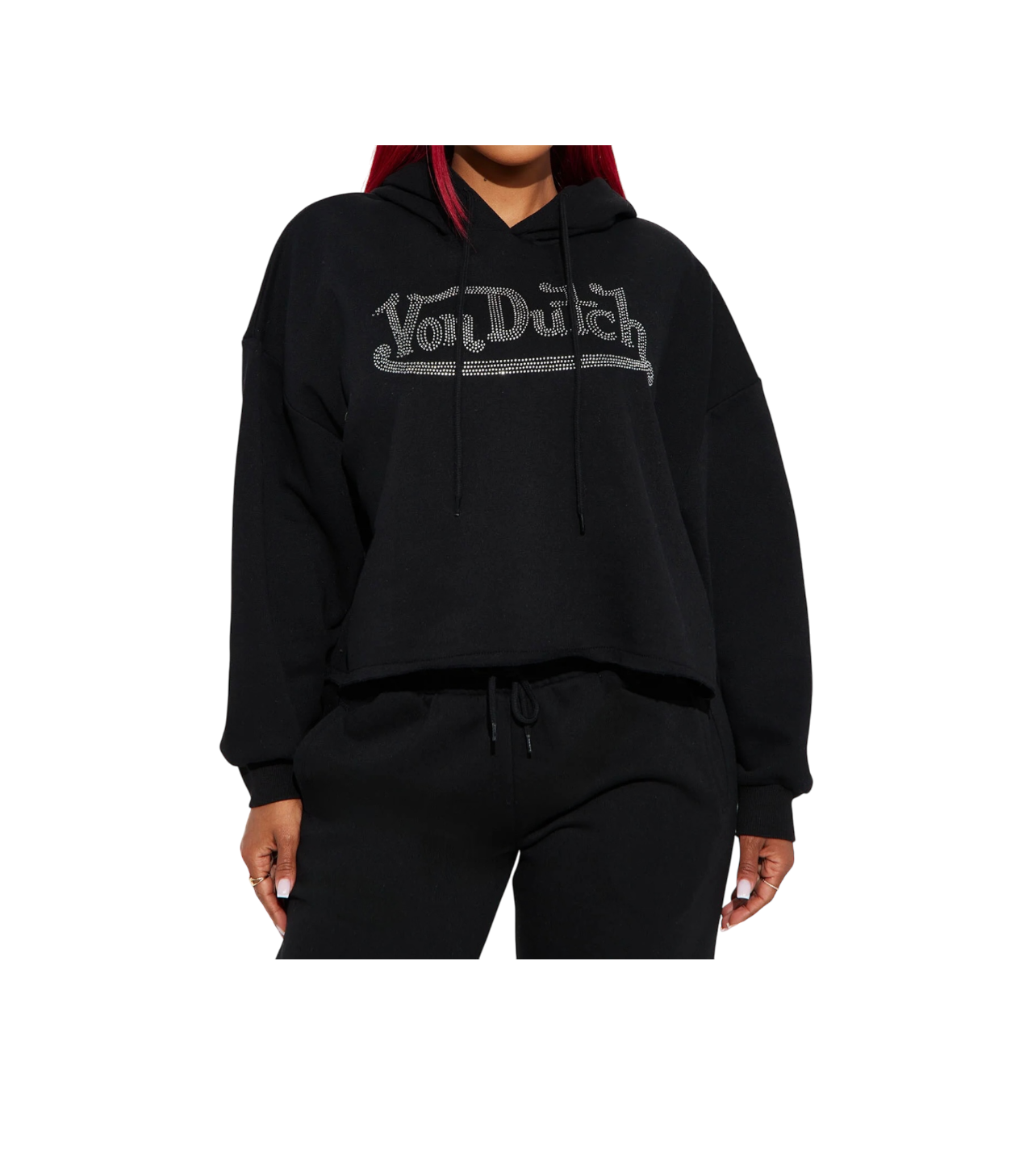 Von Dutch Rhinestone Cropped Hoodie Black