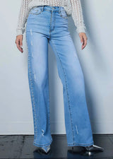 Vibrant High Rise Blue Wash Denim With Pearls