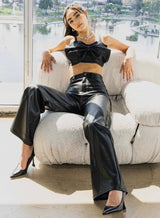Vibrant Black Leather Wide Leg Pants