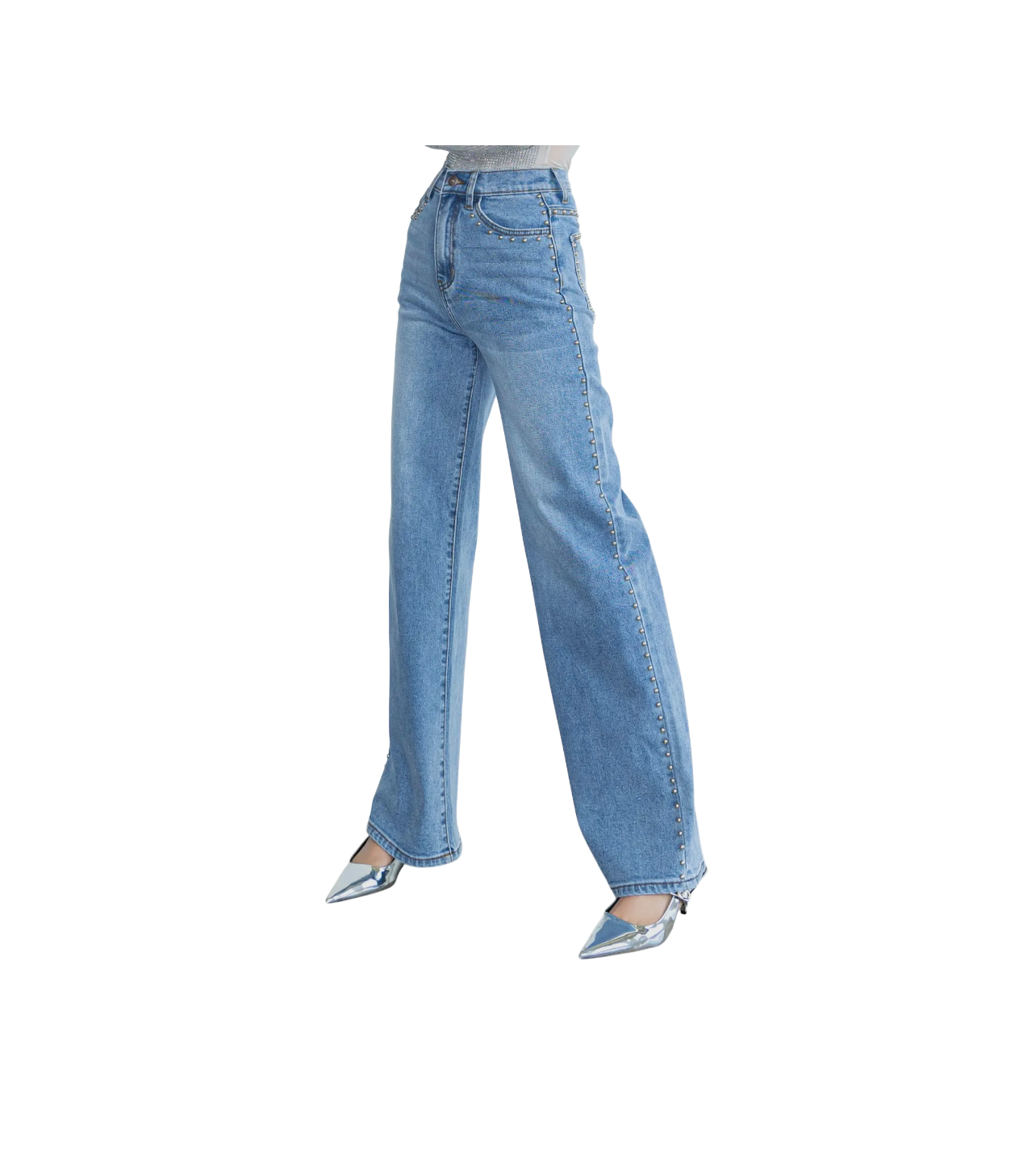 Vibrant Studded Wide Leg Denim Blue Wash