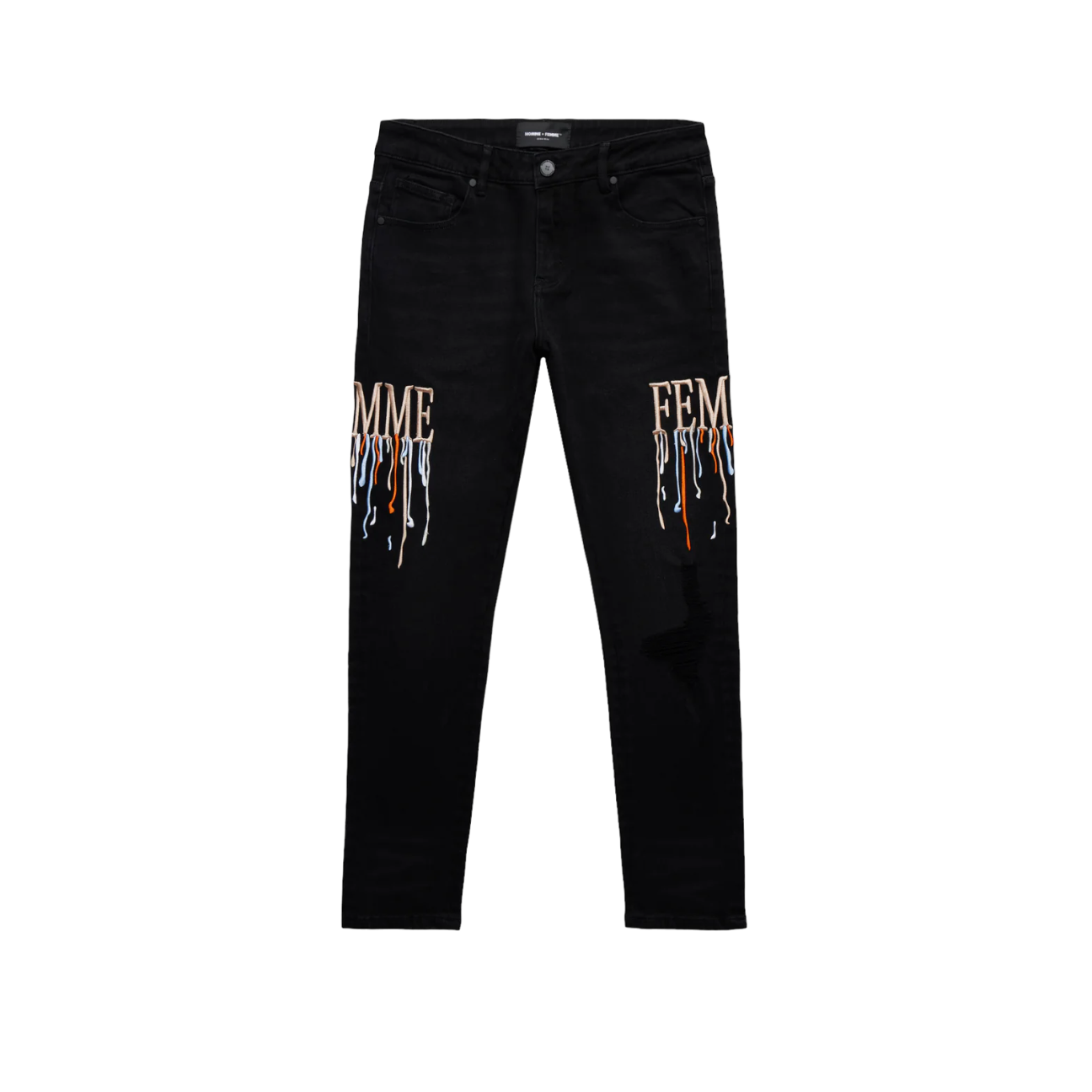 Homme + Femme Black Paint Drip Jeans Brown Logo