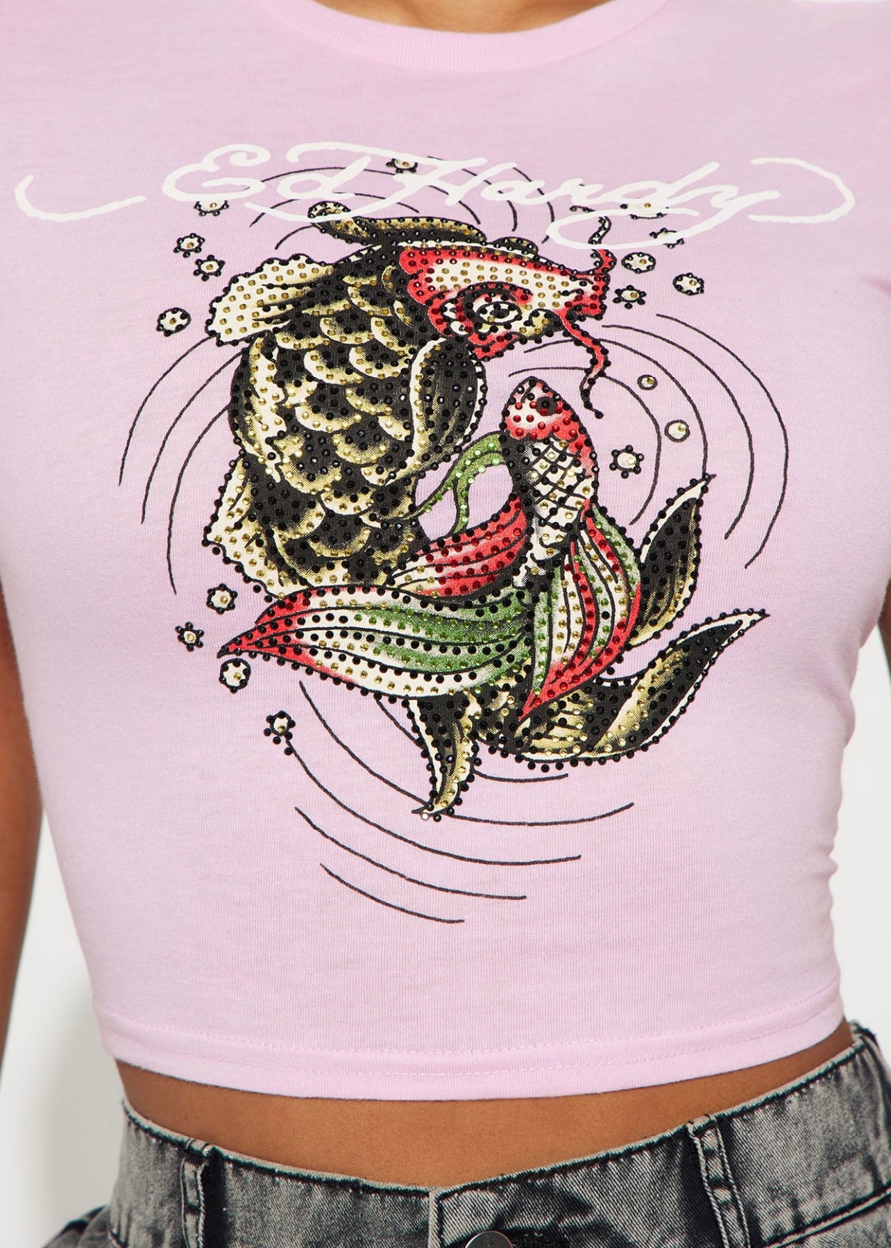 Ed Hardy Pink Fish Rhinestone Tee