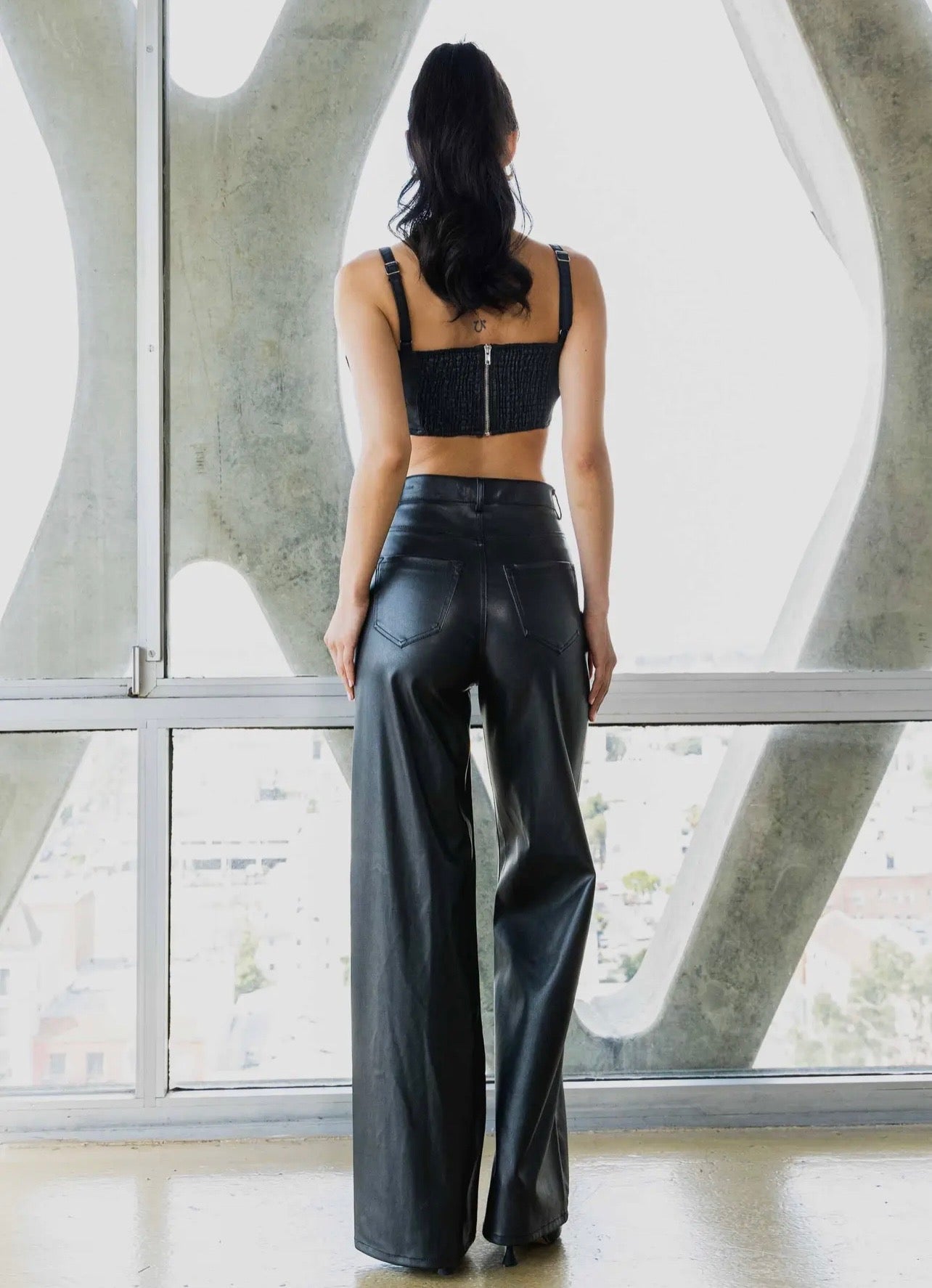 Vibrant Black Leather Wide Leg Pants