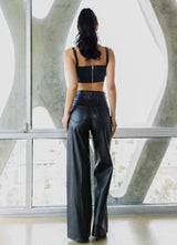 Vibrant Black Leather Wide Leg Pants