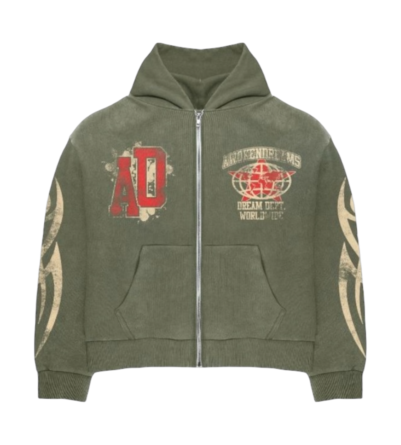 Awoken Dreams Olive Varsity Zip-Up Hoodie
