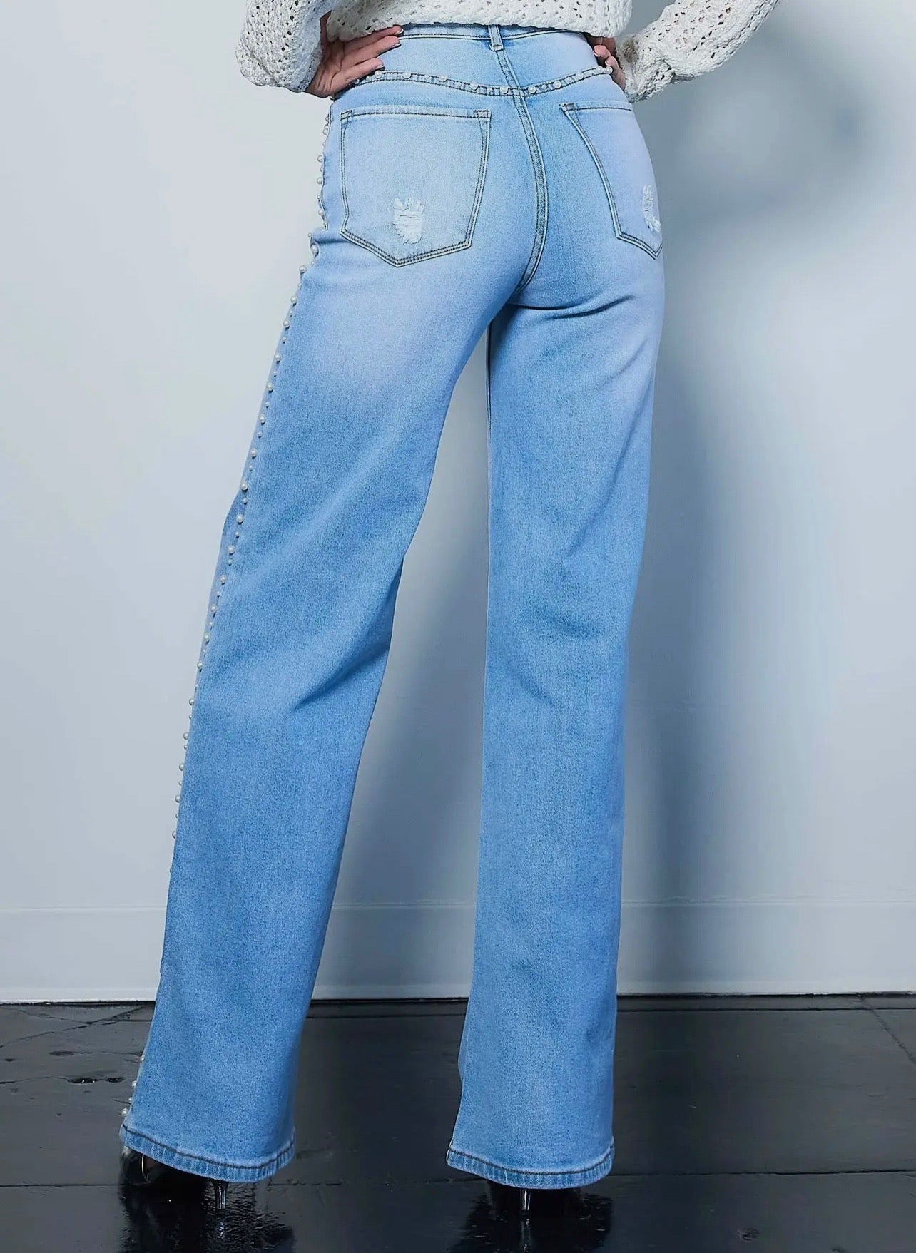Vibrant High Rise Blue Wash Denim With Pearls