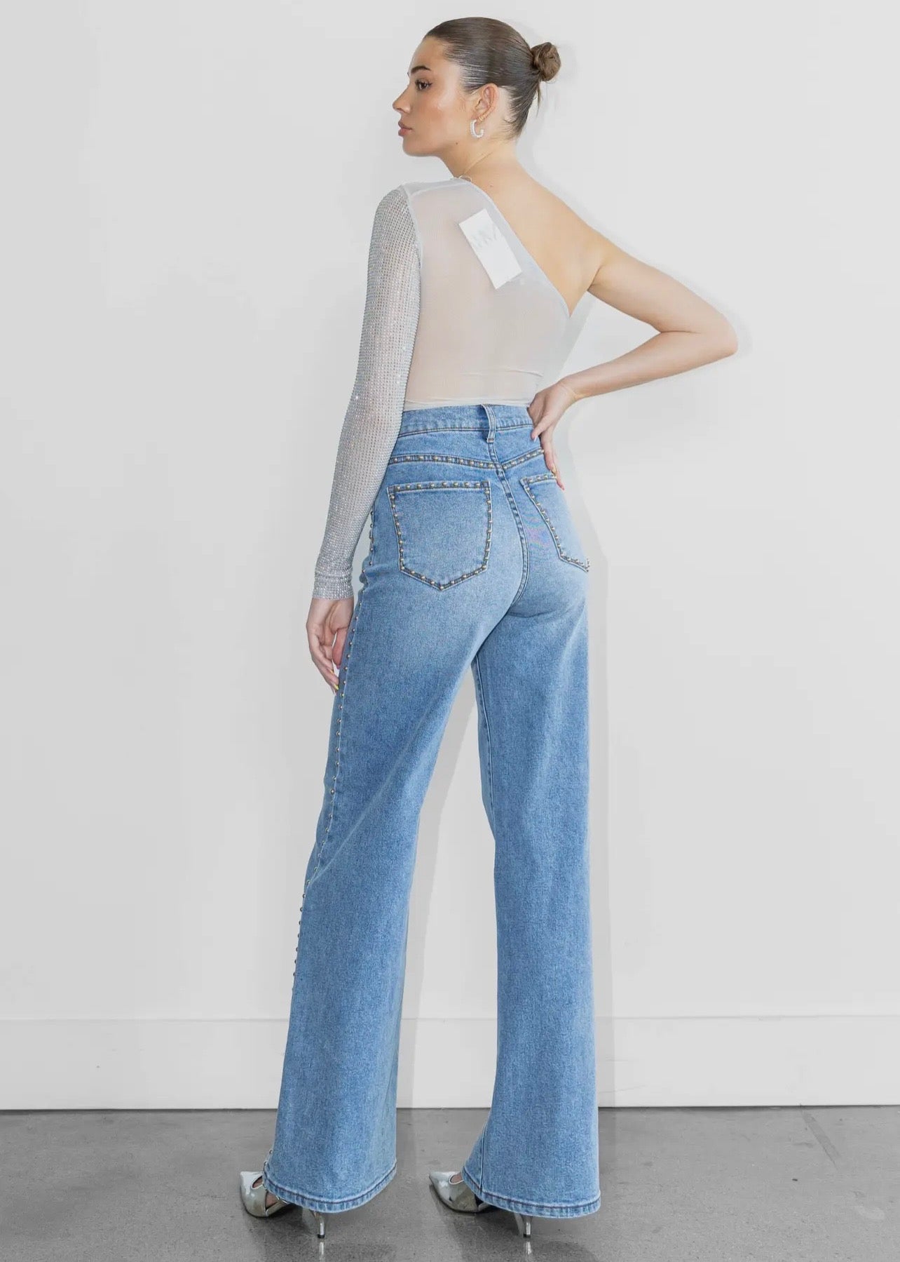 Vibrant Studded Wide Leg Denim Blue Wash