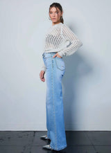 Vibrant High Rise Blue Wash Denim With Pearls