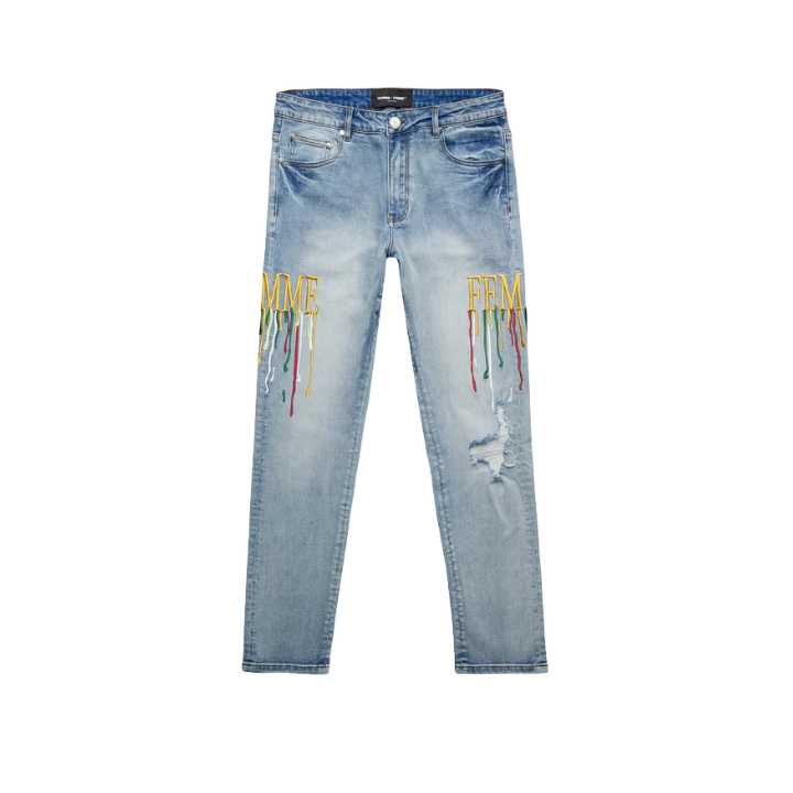 Homme + Femme Rasta Paint Drip Lignt Wash Denim