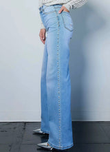 Vibrant High Rise Blue Wash Denim With Pearls