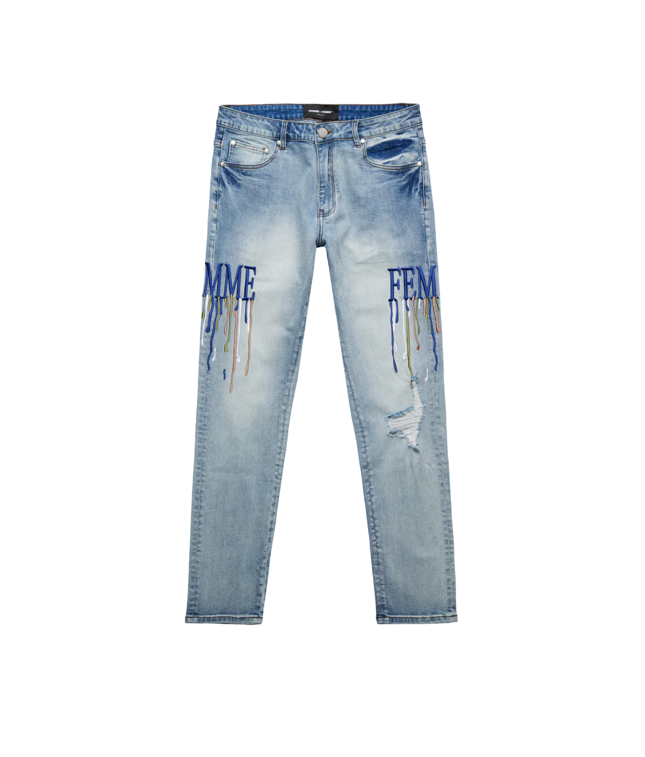 Homme + Femme Light Wash Blue Stitch Paint Denim