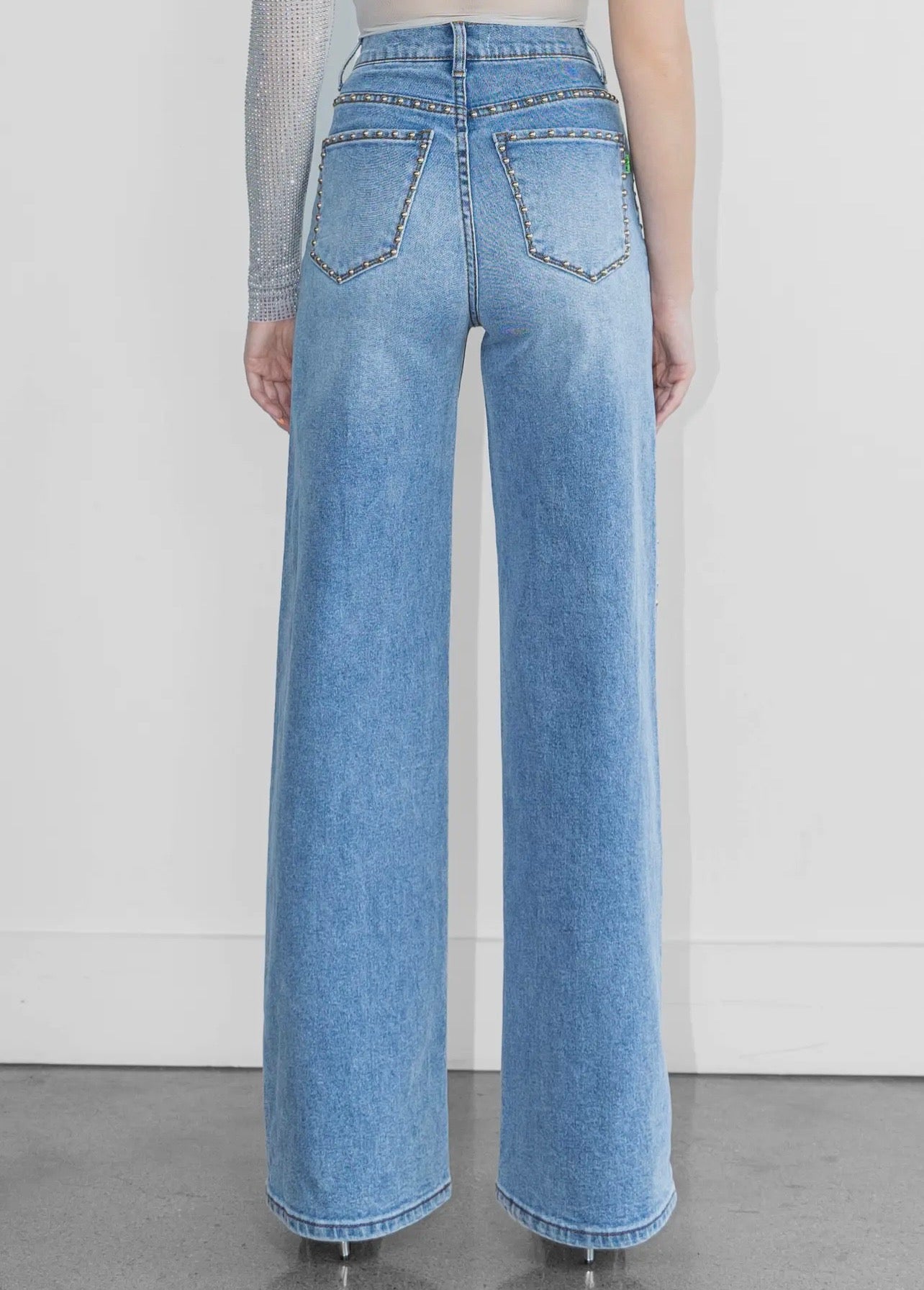 Vibrant Studded Wide Leg Denim Blue Wash