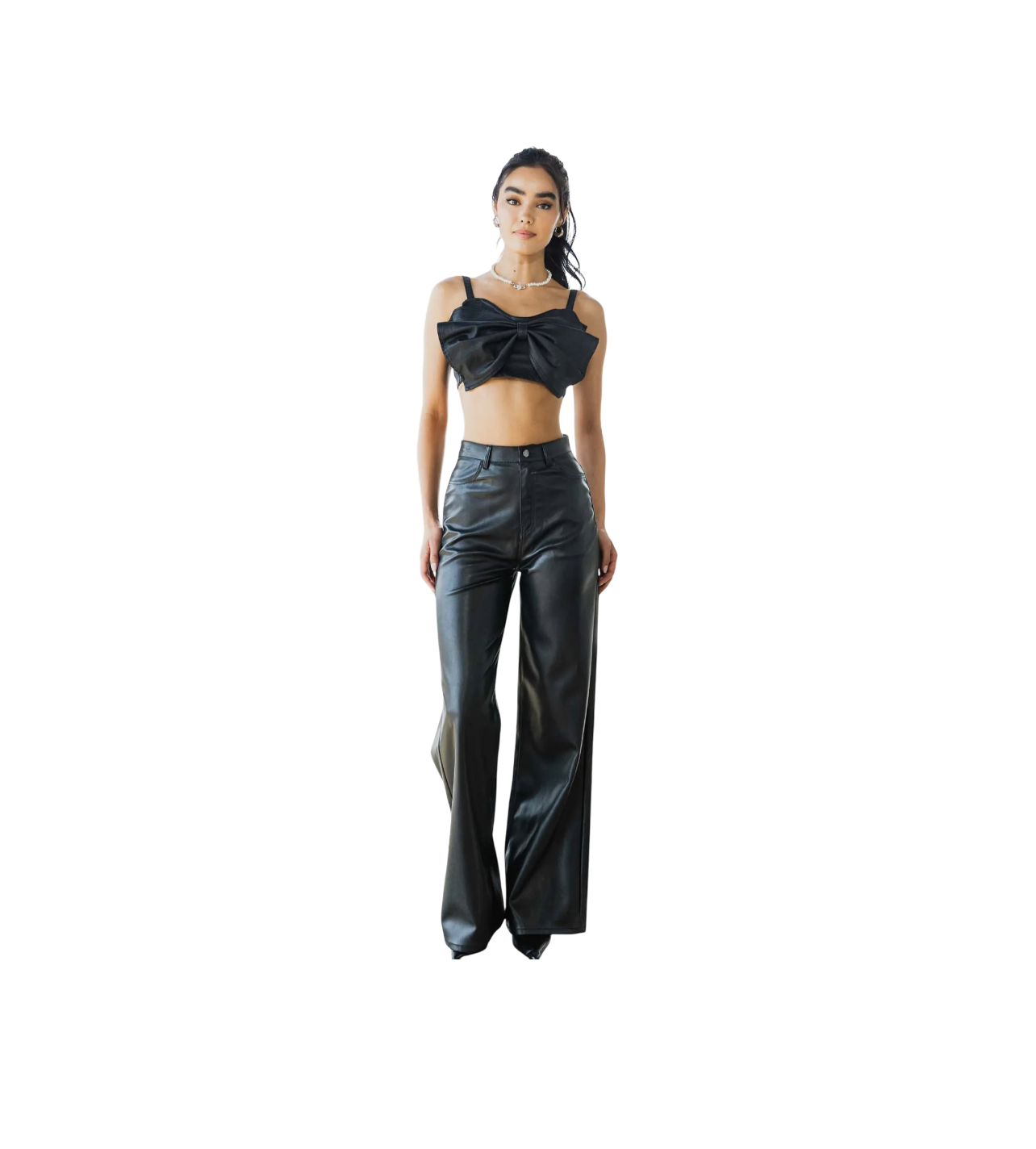 Vibrant Black Leather Wide Leg Pants