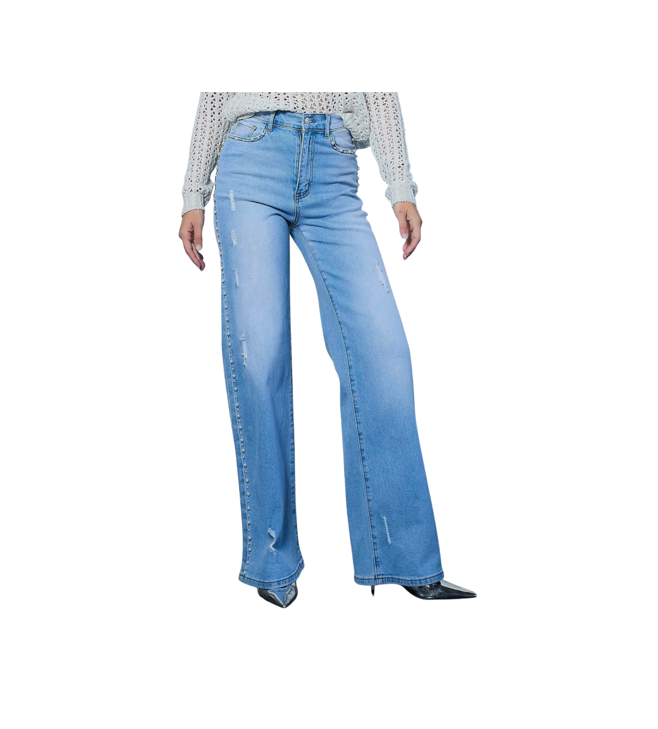 Vibrant High Rise Blue Wash Denim With Pearls
