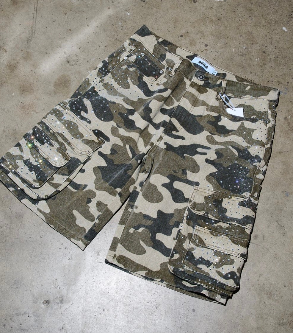DUAA Green Camo Rhinestone Shorts
