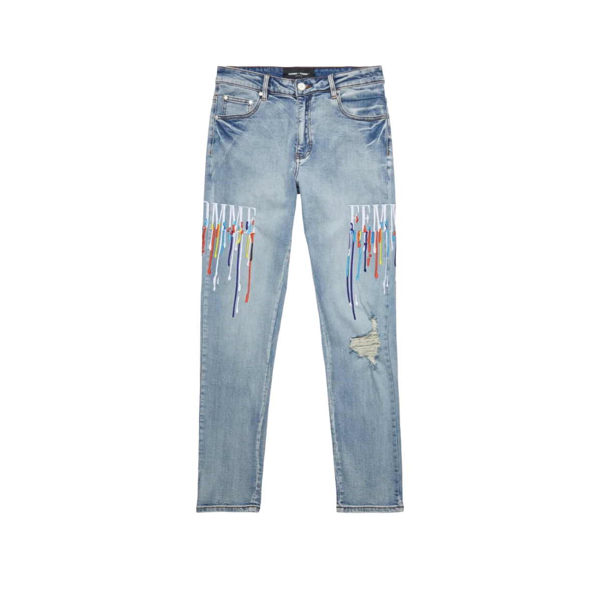 Homme + Femme Lignt Wash Multi Color Paint Drip Classic Denim