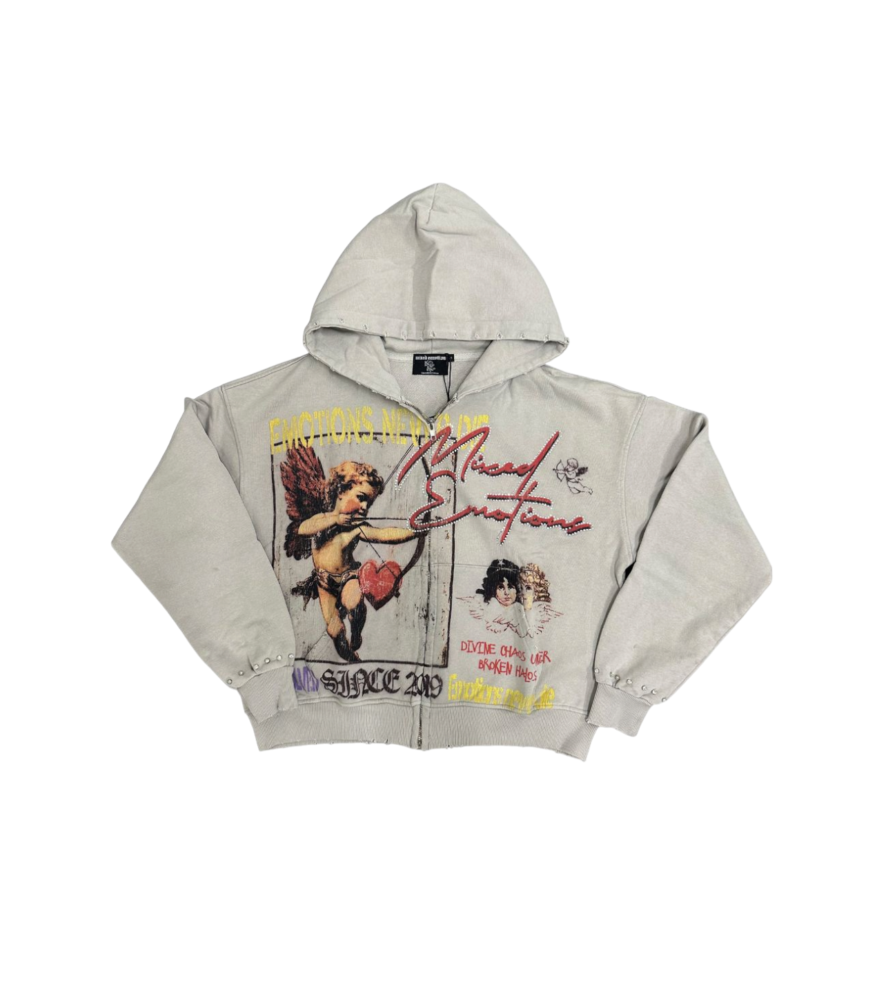 Mixed Emotions “Broken Halo”Zip-Up Hoodie Grey