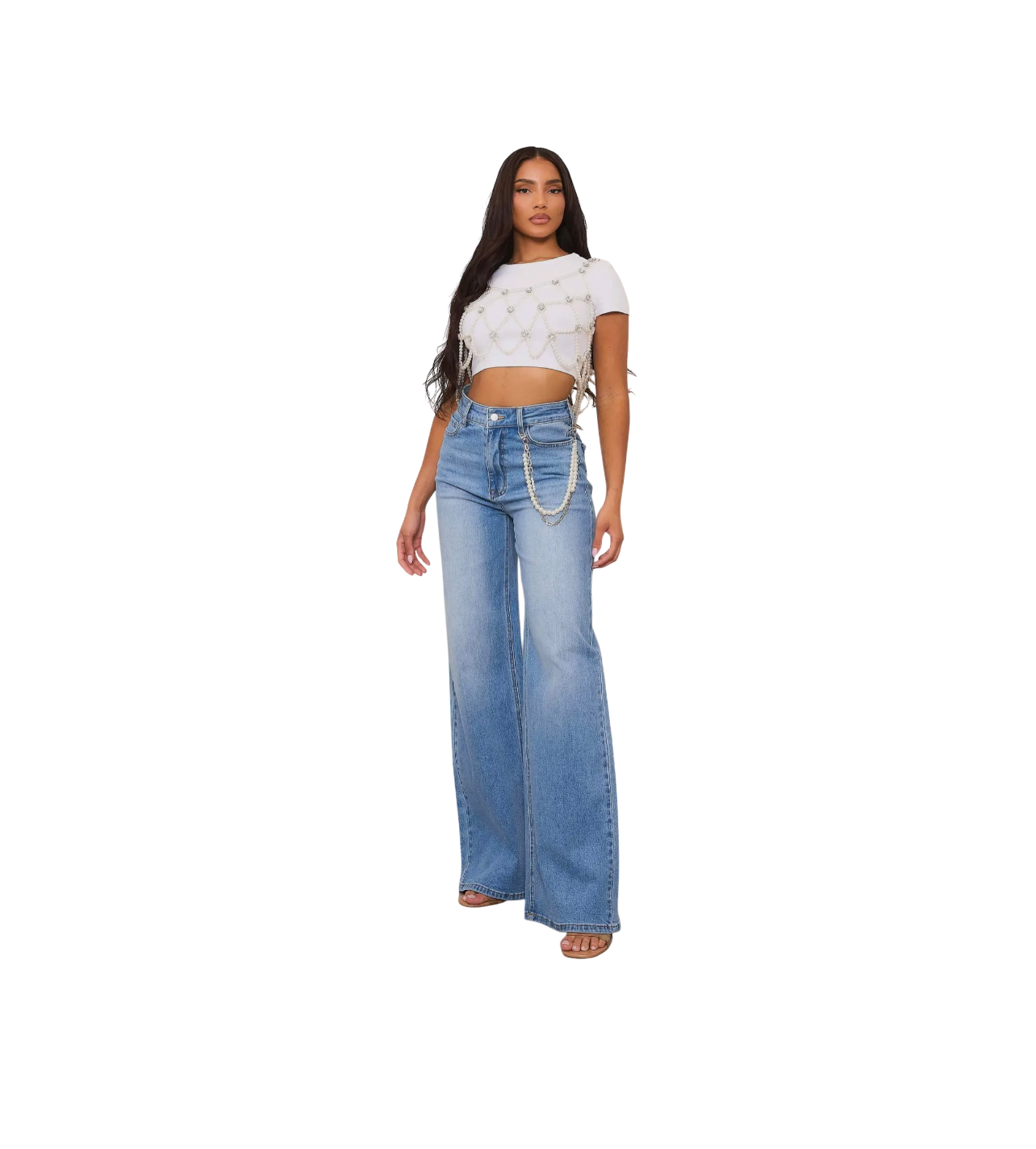 Vibrant Light Wash Wide Leg Jean With Pearl Wallet Chain