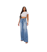 Vibrant Light Wash Wide Leg Jean With Pearl Wallet Chain