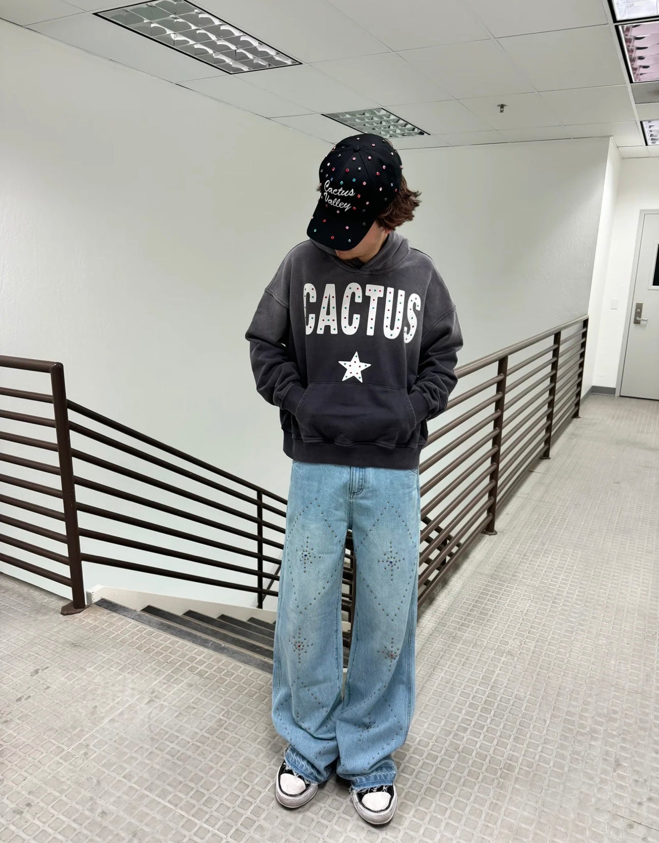 Cactus Valley Rhinestone Oversized Hoodie Acid Wash Grey