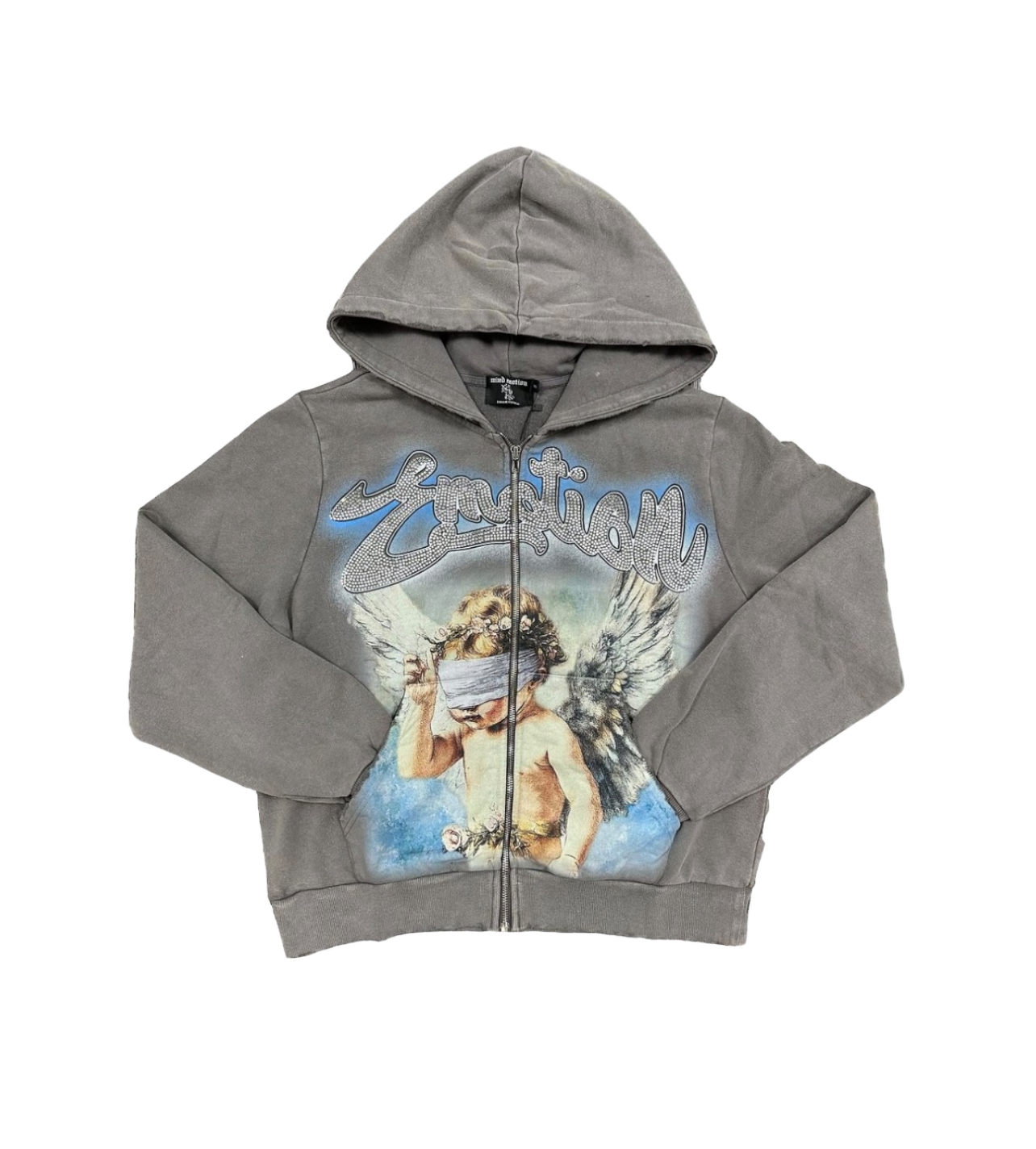 Mixed Emotions Rhinestone Angel Hoodie Grey/Blue