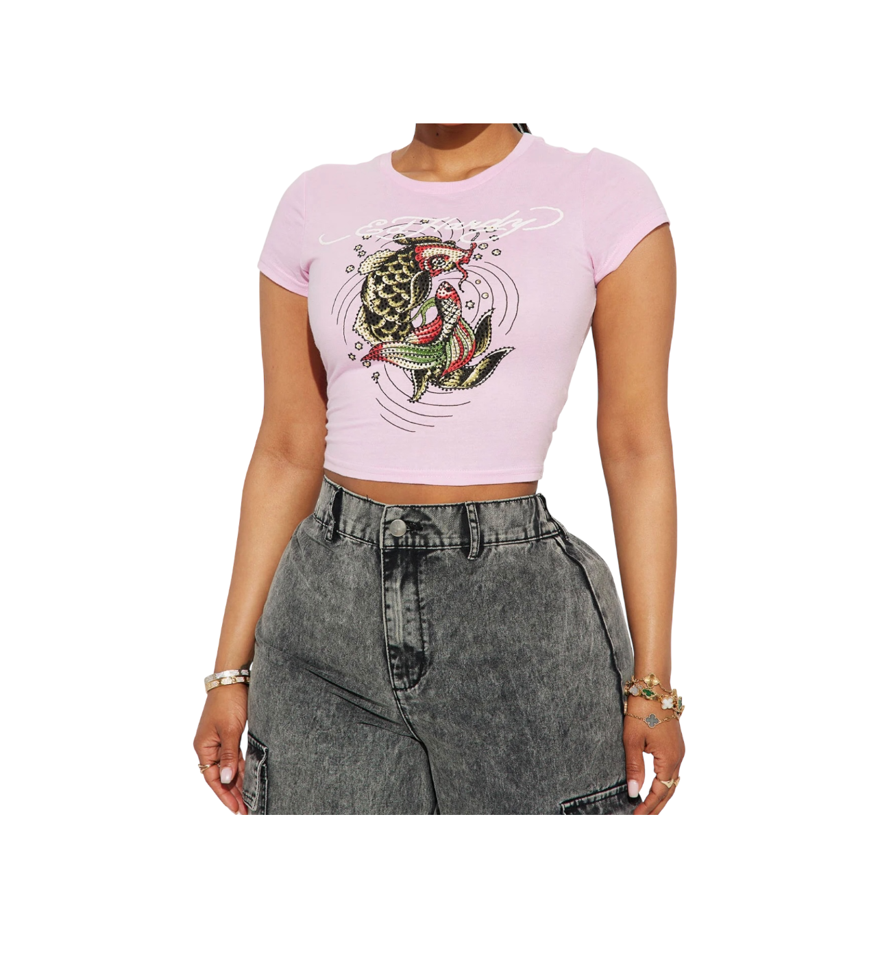 Ed Hardy Pink Fish Rhinestone Tee